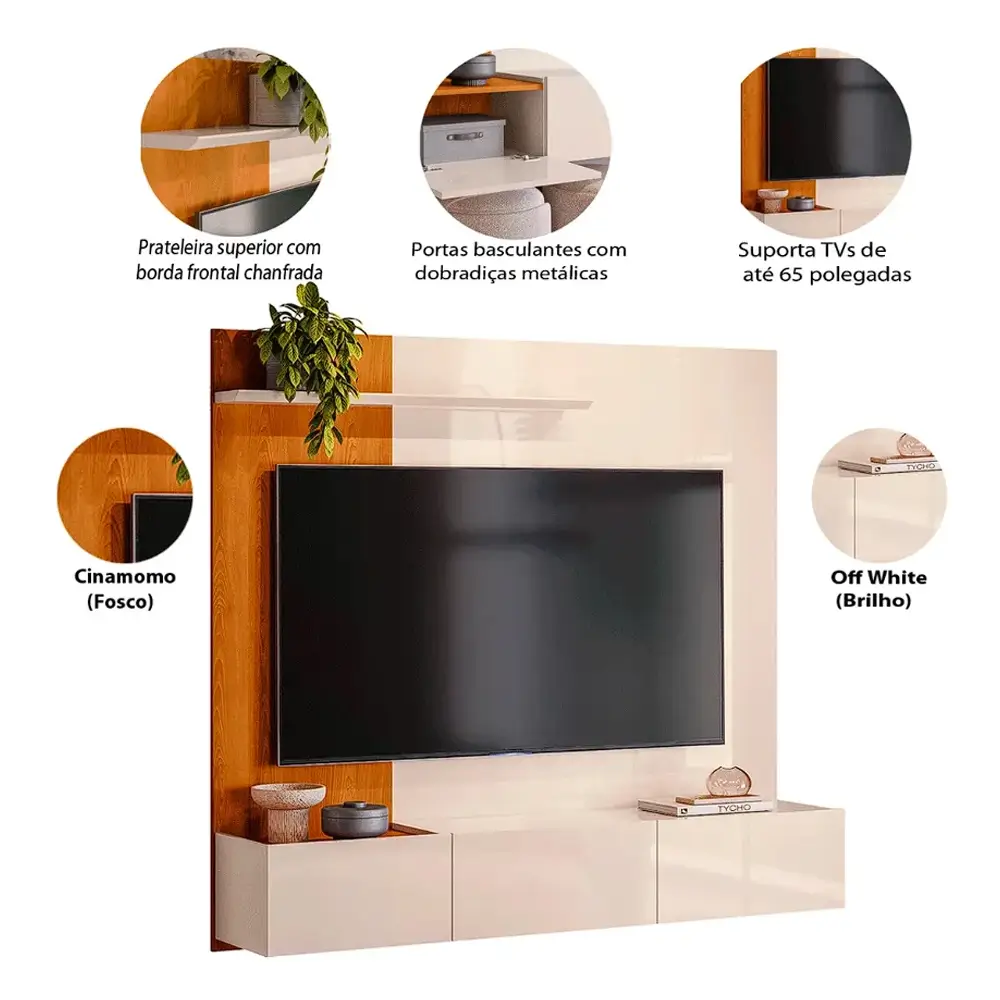 Painel Astro para TV até 65 Polegadas 3 Portas Madetec cinamomo/ off white - Imagem 3