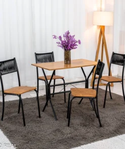 Mesa de Cozinha Atenas 90x58 Tampo Madeirado Base Nexus Preto + 4 Cadeiras Assento Corino Marrom - Tubo Minas