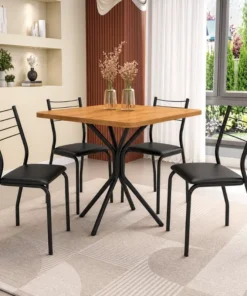 Mesa de Cozinha Creta Tampo Madeira 90x90 Canela com Base Creta Preto Fosco + 4 Cadeiras Malta Preto Fosco Assento em Korino Preto - Kappesberg