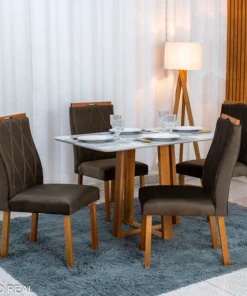 Mesa de Jantar Pedro 120x80 Vidro Off Base Madeira + 4 Cadeiras Lisboa Veludo Marrom  Art Assento